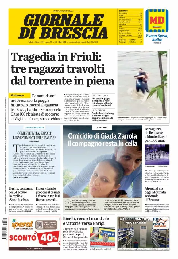 Prima-pagina-giornale di brescia-oggi-edizione-del-2024-06-01